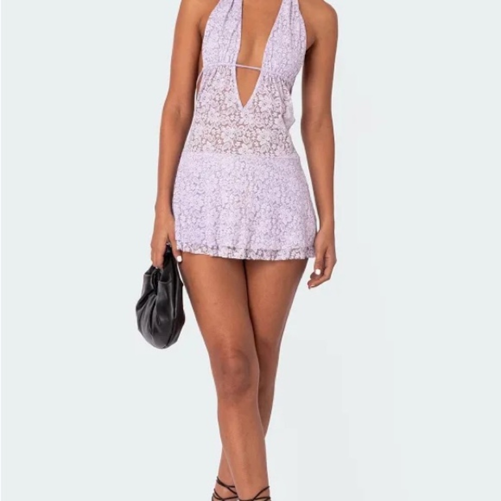 Edikted Danny Open Back Sheer Lace Mini Dress